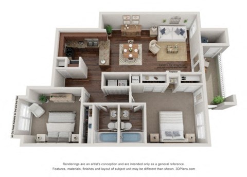 Floor plan for 2 beds, 2 baths, 1000 sqft